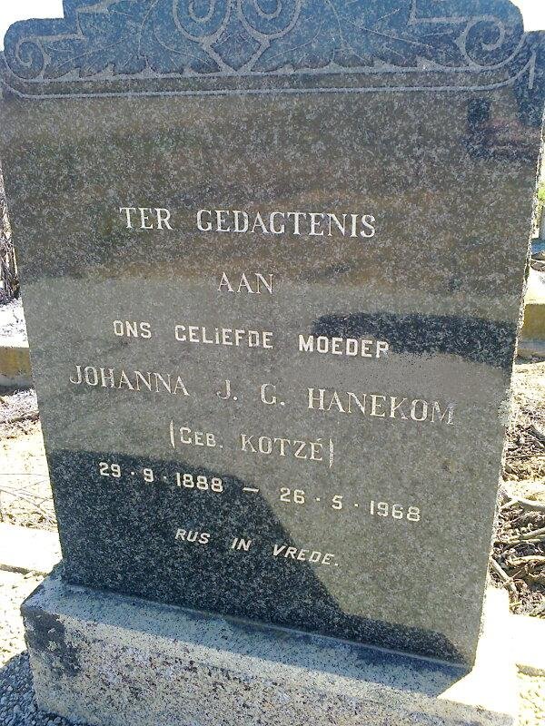 HANEKOM Johanna J.G. nee KOTZÉ 1888-1968