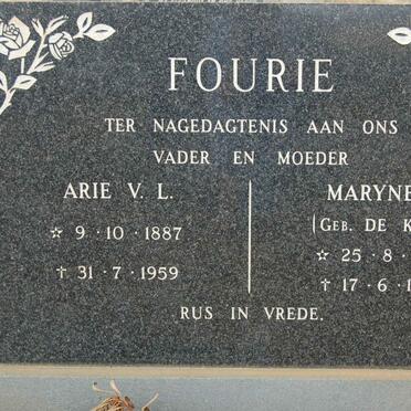 FOURIE Arie V.L. 1887-1959 &amp; Maryne S. DE KOCK 1893-1977