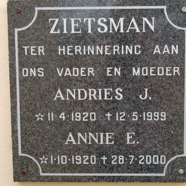 ZIETSMAN Andries J. 1920-1999 &amp; Annie E. 1920-2000