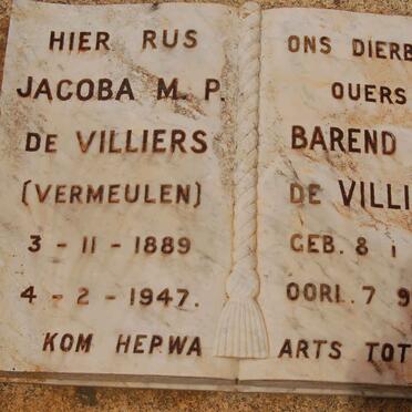 VILLIERS Barend J.J., de 1893-1959 &amp; Jacoba M.P. VERMEULEN 1889-1947