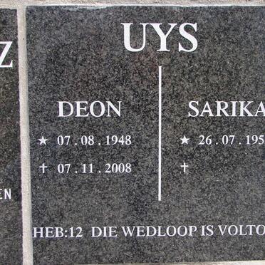 UYS Deon 1948-2008 &amp; Sarika 1951-