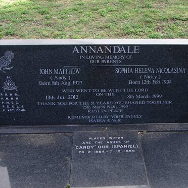 ANNANDALE John Matthew 1927-2012 &amp; Sophia Helena Nicolasina 1924-1999