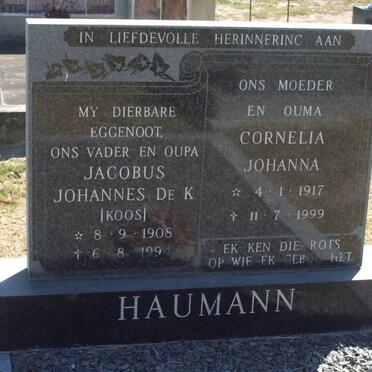 HAUMANN Jacobus Johannes de K. 1908-1994 &amp; Cornelia Johanna 1917-1999
