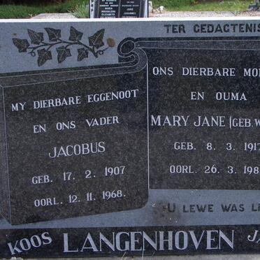 LANGENHOVEN Jacobus 1907-1968 &amp; Mary Jane WEST 1917-1984