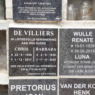 VILLIERS Chris, de 1930-2017 &amp; Barbara 1936-2020 :: WULLE Renate 1938-2018