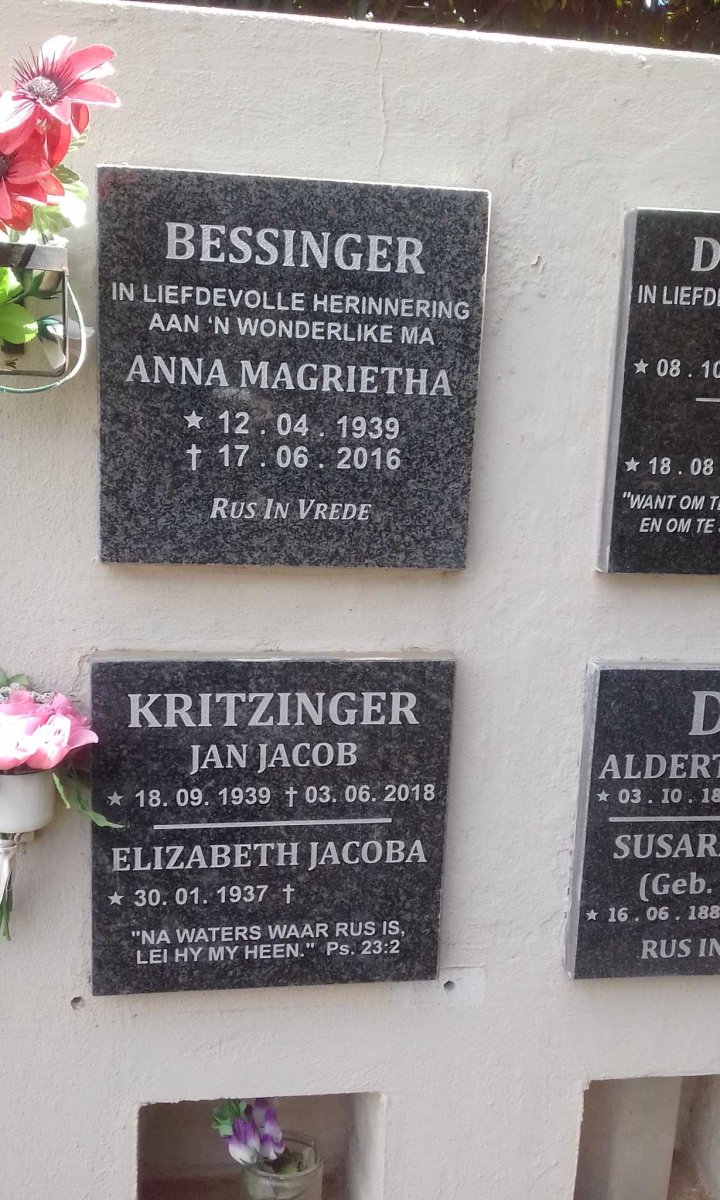 KRITZINGER Jan Jacob 1939-2018 & Elizabeth Jacoba 1937-