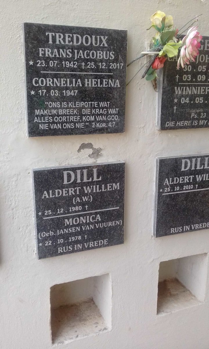 TREDOUX Frans Jacobus 1942-2017 &amp; Cornelia Helena 1947- :: DILL Aldert Willem 1980- &amp; Monica JANSEN VAN VUUREN 1978-