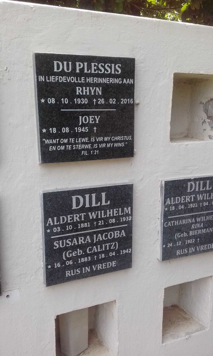 PLESSIS Rhyn, du 1930-2016 &amp; Joey 1945- :: DILL Albert Wilhelm 1881-1932 &amp; Susara Jacoba CALITZ 1883-1942