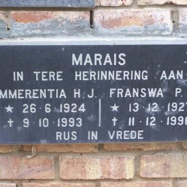 MARAIS Franswa P. 1927-1996 &amp; Emmerentia H.J. 1924-1993
