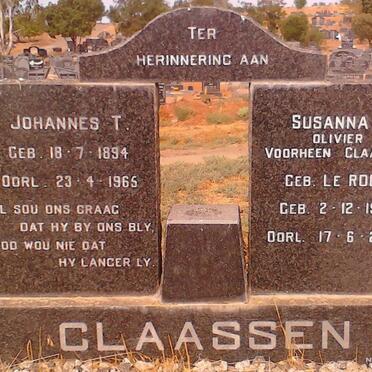 CLAASSEN Johannes T. 1894-1965 &amp; Susanna J. OLIVIER formerly CLAASSEN nee LE ROUX 1902-2000