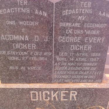DICKER George Evert 1888-1957 &amp; Jacomina D.J. STRYDOM 1891-1964