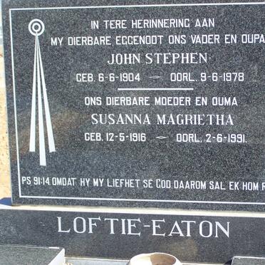 EATON John Stephen, LOFTIE 1904-1978 &amp; Susanna Magrietha 1916-1991