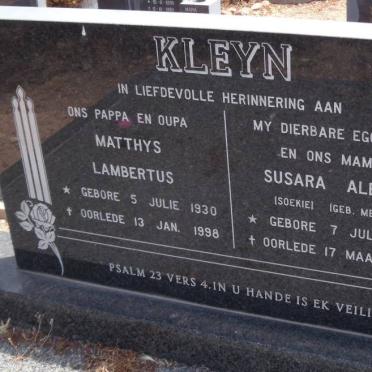 KLEYN Matthys Lambertus 1930-1998 &amp; Susara Aletta MEYER 1934-1990