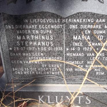 KLUYTS Marthinus Stephanus 1917-1978 &amp; Maria Dorothea Dalina Johanna SWANEPOEL 1929-2000
