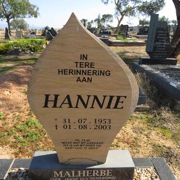 MALHERBE Hannie nee JANSE VAN RENSBURG 1953-2003