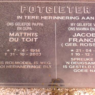 POTGIETER Matthys Du Toit 1914-2003 &amp; Jacoba Francina ROSSOUW 1917-2002