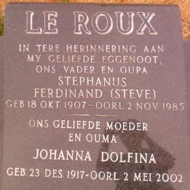 ROUX Stephanus Ferdinand, le 1907-1985 &amp;  Johanna Dolfina 1917-2002