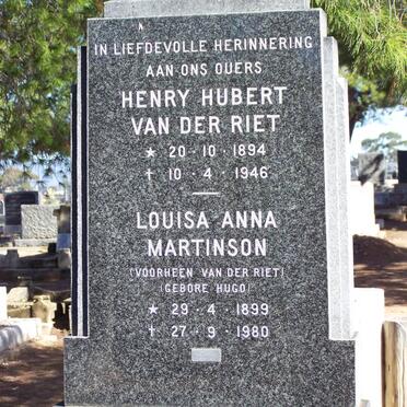 RIET Henry Hubert, van der 1894-1946 &amp; Louisa Anna MARTINSON, formerly VAN DER RIET, nee HUGO 1899-1980