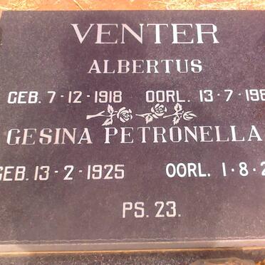 VENTER Albertus 1918-1987 &amp; Gesina Petronella C. 1925-2009