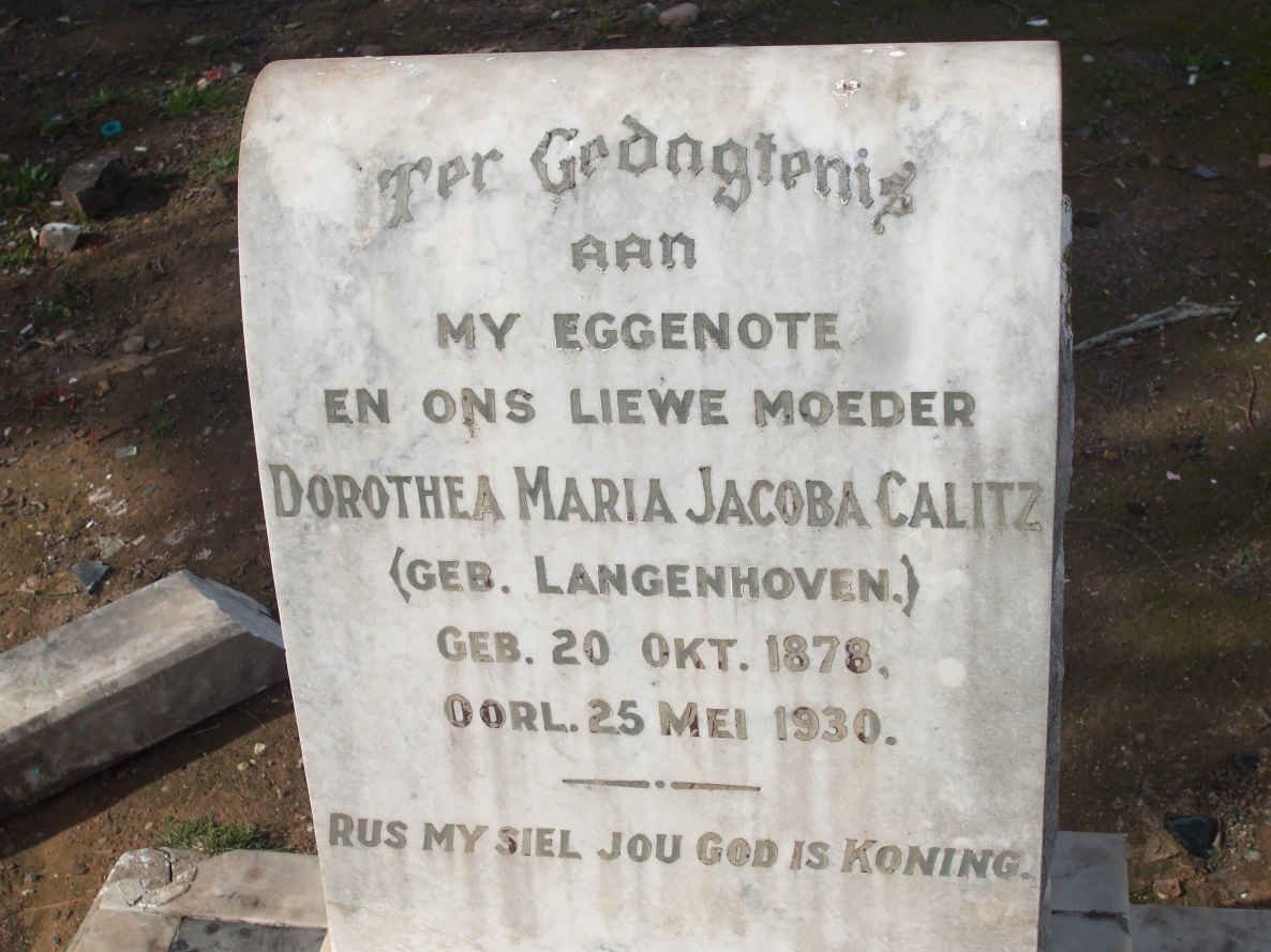 CALITZ  Dorothea Maria Jacoba nee LANGENHOVEN 1878-1930
