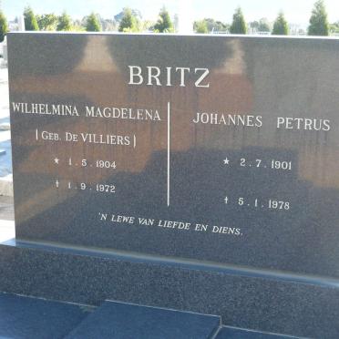 BRITZ Johannes Petrus 1901-1978 &amp; Wilhelmina Magdelena DE VILLIERS 1904-1972