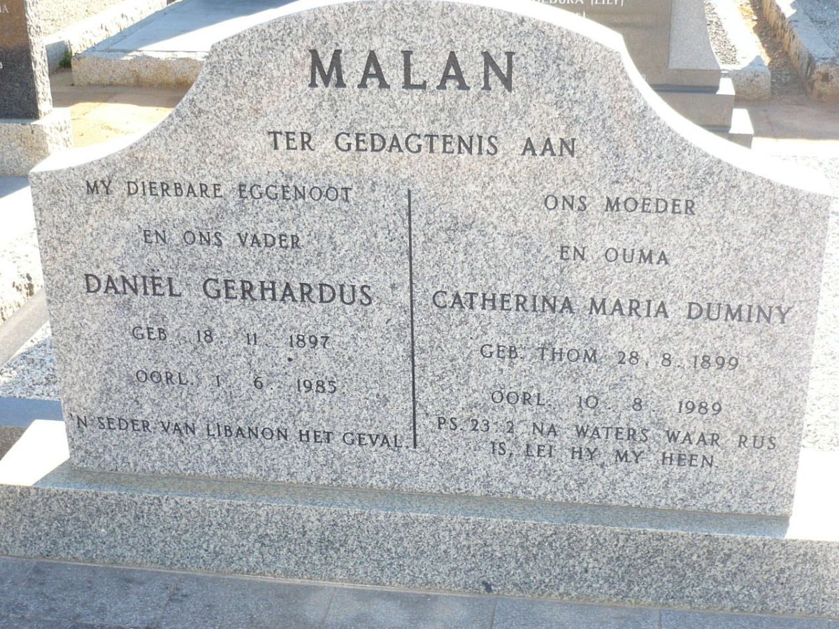 MALAN Daniël Gerhardus 1897-1985 &amp; Catherina Maria Duminy THOM 1899-1989