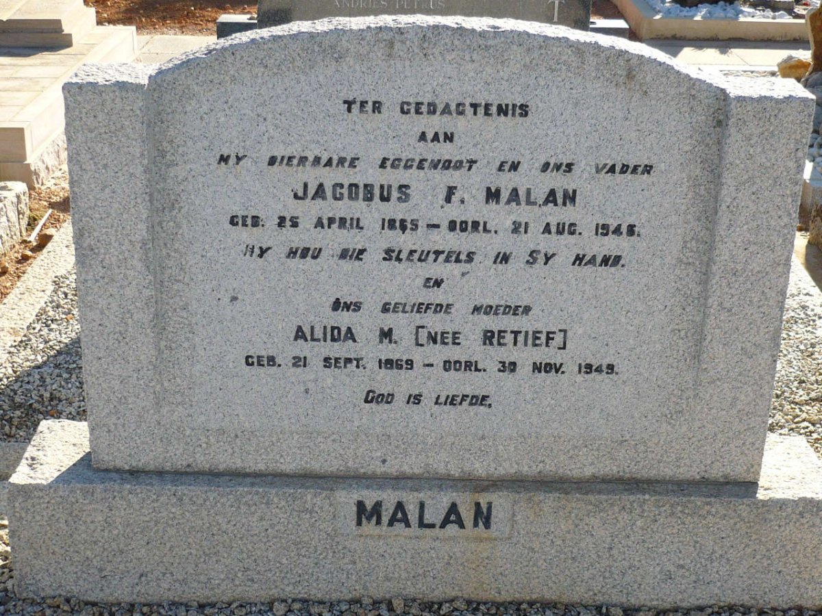 MALAN Jacobus F. 1865-1945 &amp; Alida M. RETIEF 1869-1949