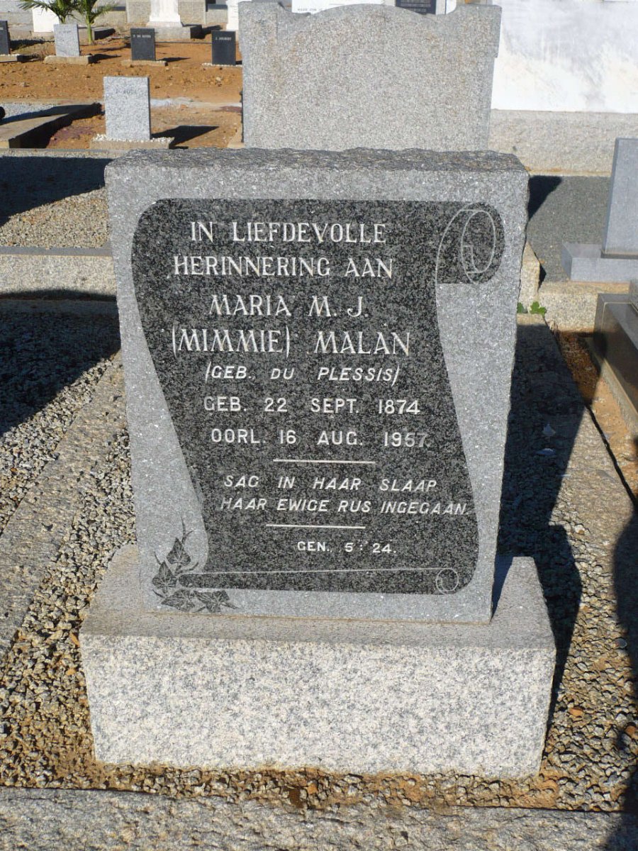 MALAN Maria M.J. nee DU PLESSIS 1874-1957