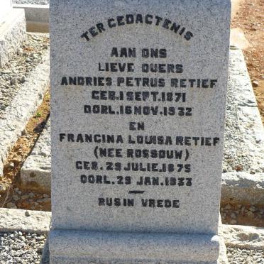 RETIEF Andries Petrus 1871-1932 &amp; Francina Louisa ROSSOUW 1875-1933