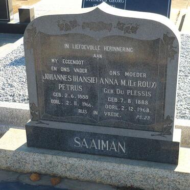 SAAIMAN Johannes Petrus 1888-1966 &amp; Anna M. DU PLESSIS formerly LE ROUX 1888-1968