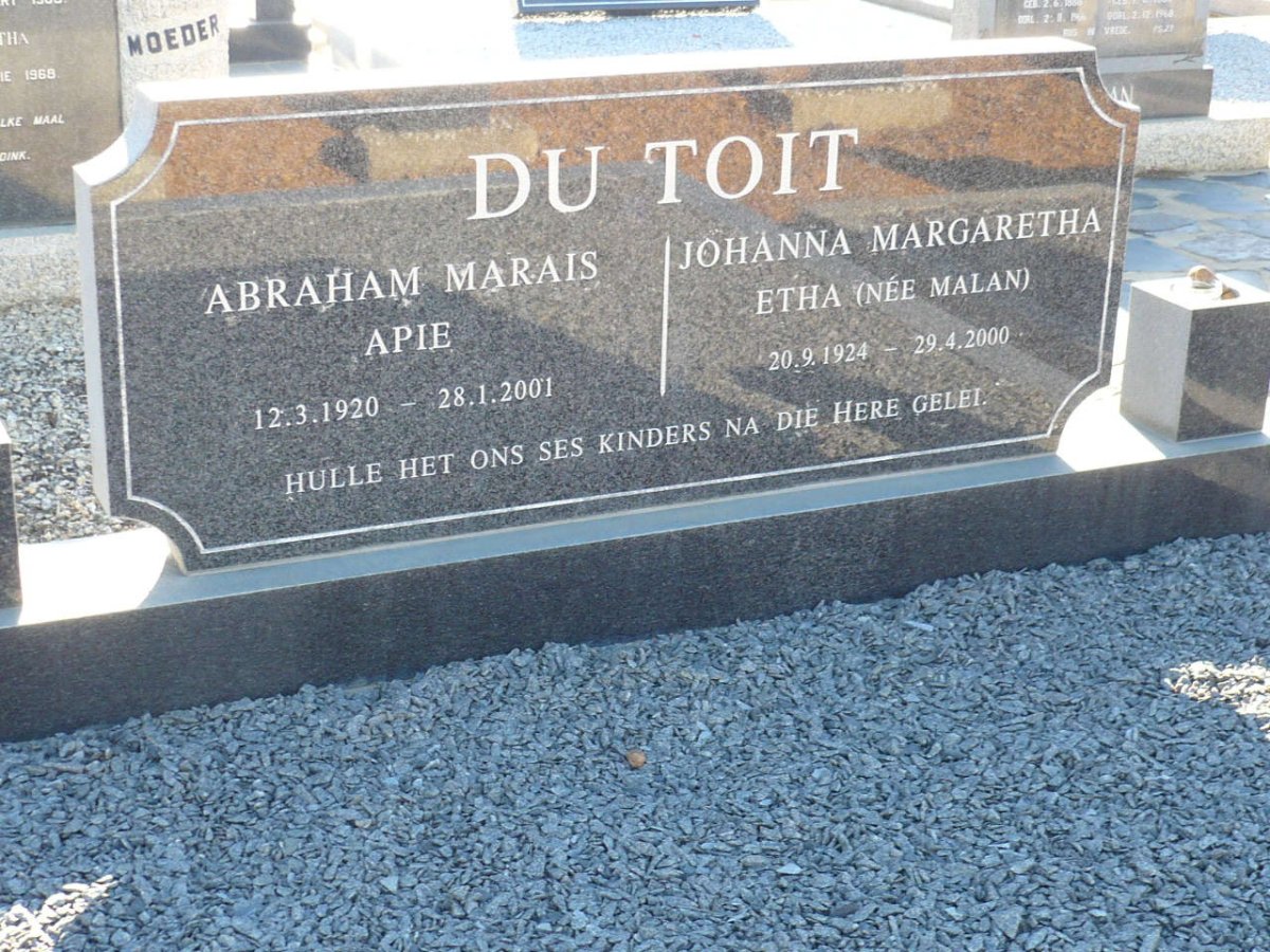 TOIT Abraham Marais, du 1920-2001 &amp; Johanna Margaretha MALAN 1924-2000