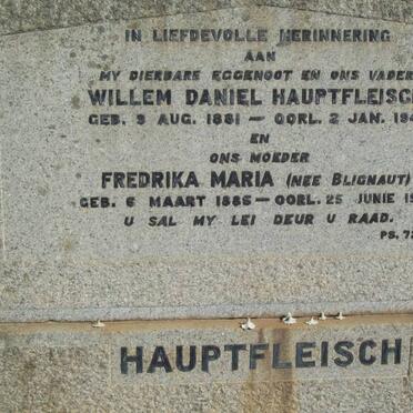 HAUPTFLEISCH Willem Daniel 1881-1941 &amp; Fredrika Maria BLIGNAUT 1885-1971
