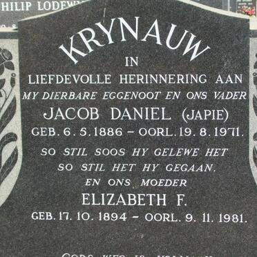 KRYNAUW Jacob Daniel 1886-1971 &amp; Elizabeth F. 1894-1981