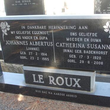 ROUX Joahnnes Albertus, le 1914-1985 &amp; Catherina Susanna BADENHORST 1920-2006