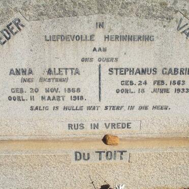 TOIT Stephanus Gabriel, du 1863-1933 &amp; Anna Aletta EKSTEEN 1858-1918