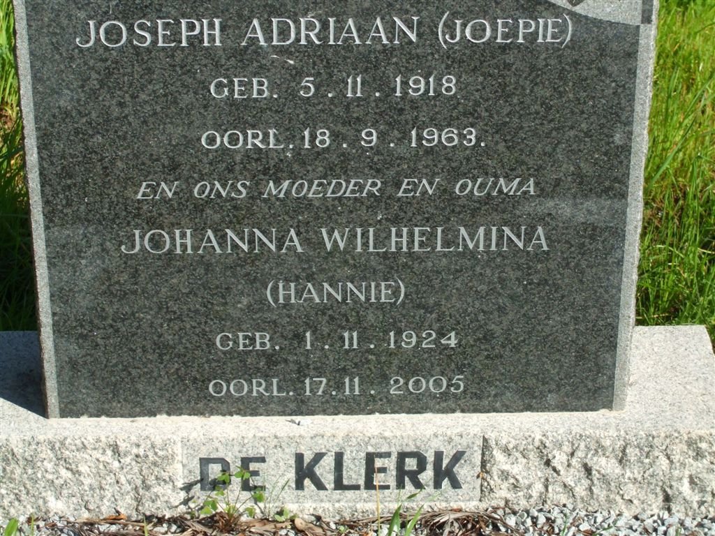KLERK Joseph Adriaan, de 1918-1963 & Johanna Wilhelmina 1924-2005