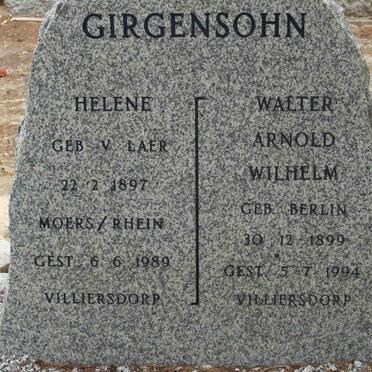 GIRGENSOHN Walter Arnold Wilhelm 1899-1994 &amp; Helene V. LAER 1897-1989