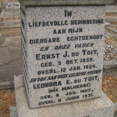 TOIT Ernst J., du 1859-1924 &amp; Leonora E. MALHERBE 1863-1931