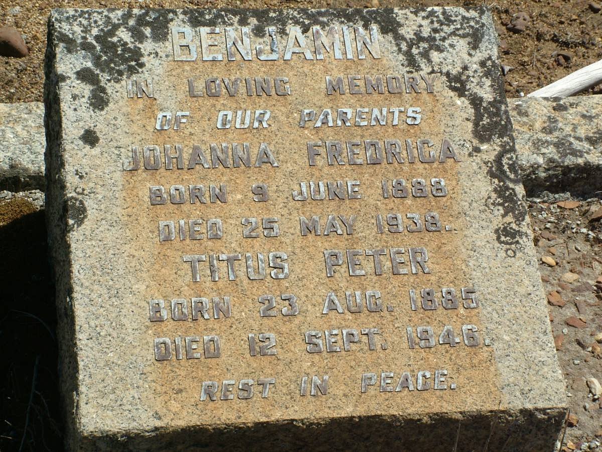 BENJAMIN Titus Peter 1885-1946 &amp; Johanna Fredrica 1888-1938