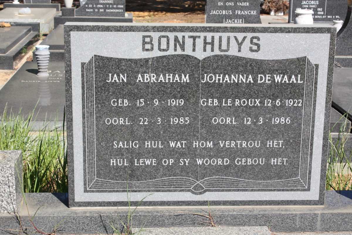 BONTHUYS Jan Abraham 1919-1985 &amp; Johanna De Waal LE ROUX 1922-1986