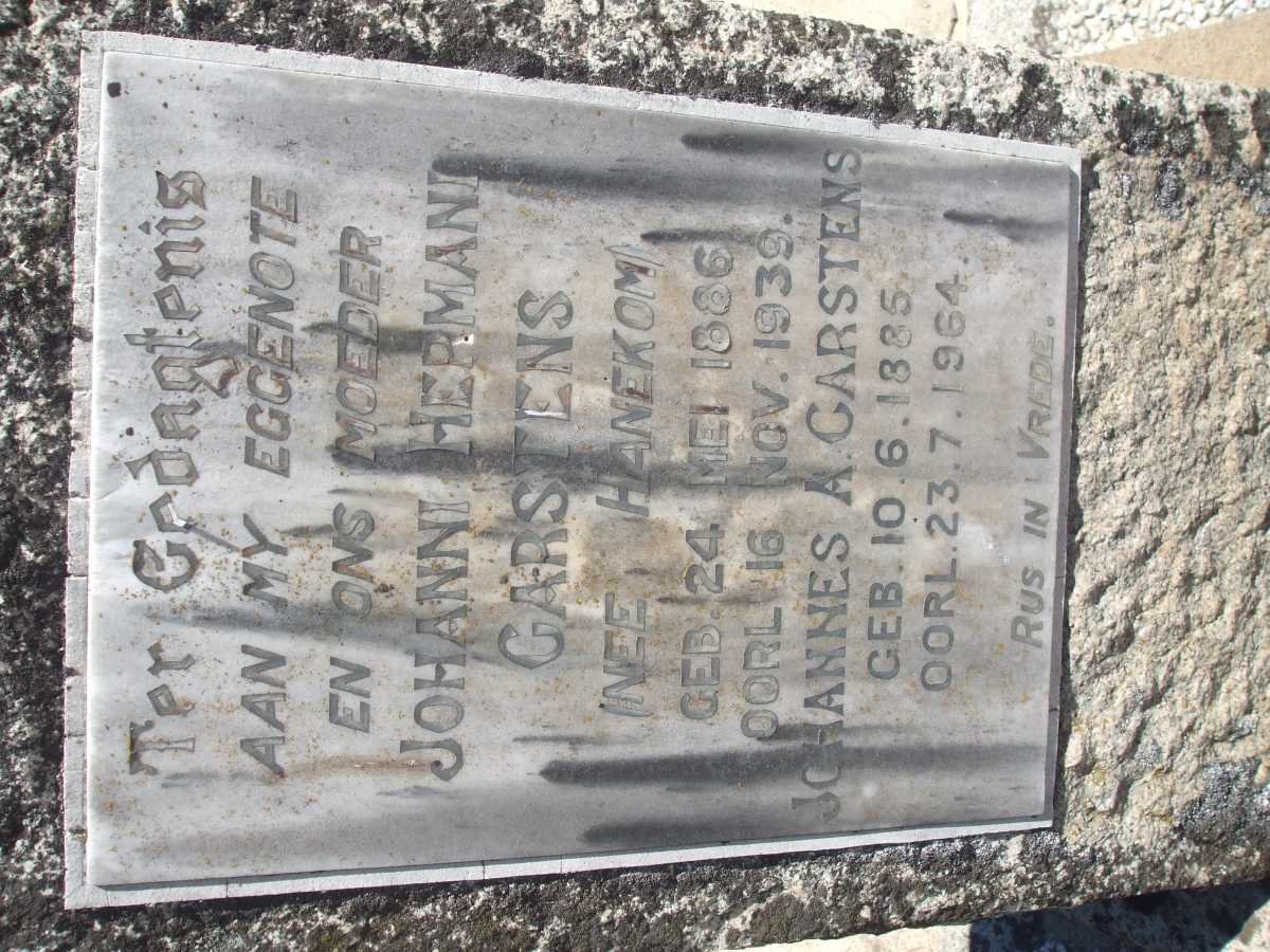 CARSTENS Johannes A. 1885-1964 &amp; Johanni Hermani HANEKOM 1886-1939
