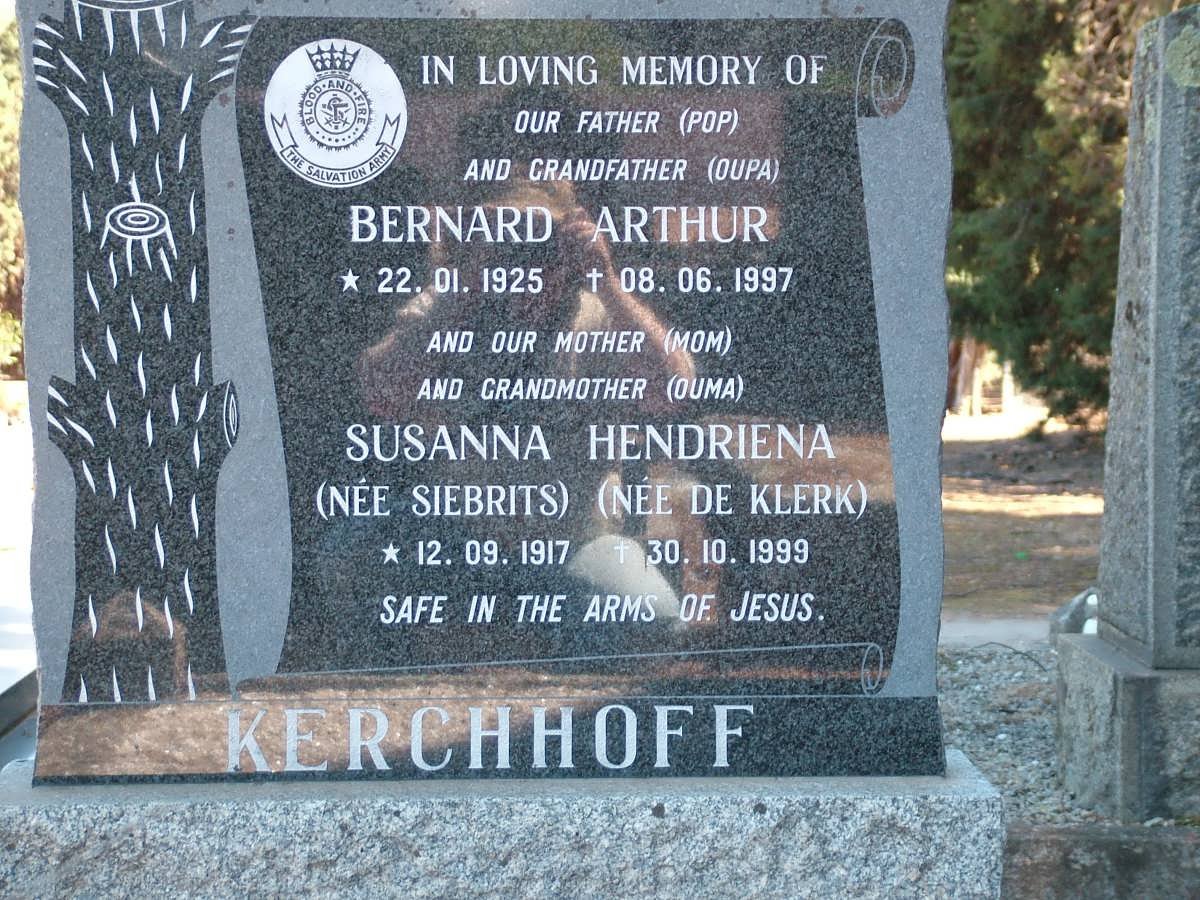 KERCHHOFF Bernard Arthur 1925-1997 &amp; Susanna Hendriena Formerly SIEBRITS nee DE KLERK 1917-1999