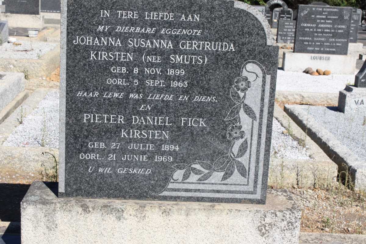 KIRSTEN Pieter Daniel Fick 1894-1969 &amp; Johanna Susanna Gertruida SMUTS 1899-1963