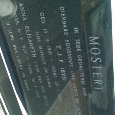 MOSTERT T.J.F. 1919-1982 & Anna Elisabeth VAN DER SPUY 1922-1998