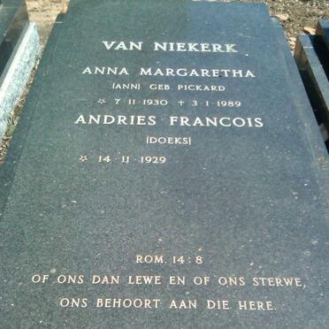 NIEKERK Andries Francois, van 1929- &amp; Anna Margaretha PICKARD 1930-1989