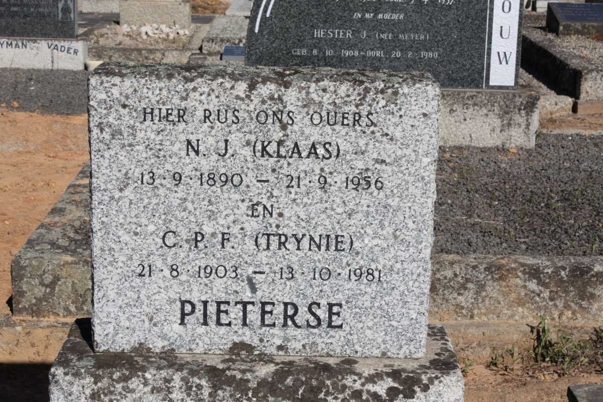 PIETERSE N.J. 1890-1956 &amp; C.P.F. 1903-1981
