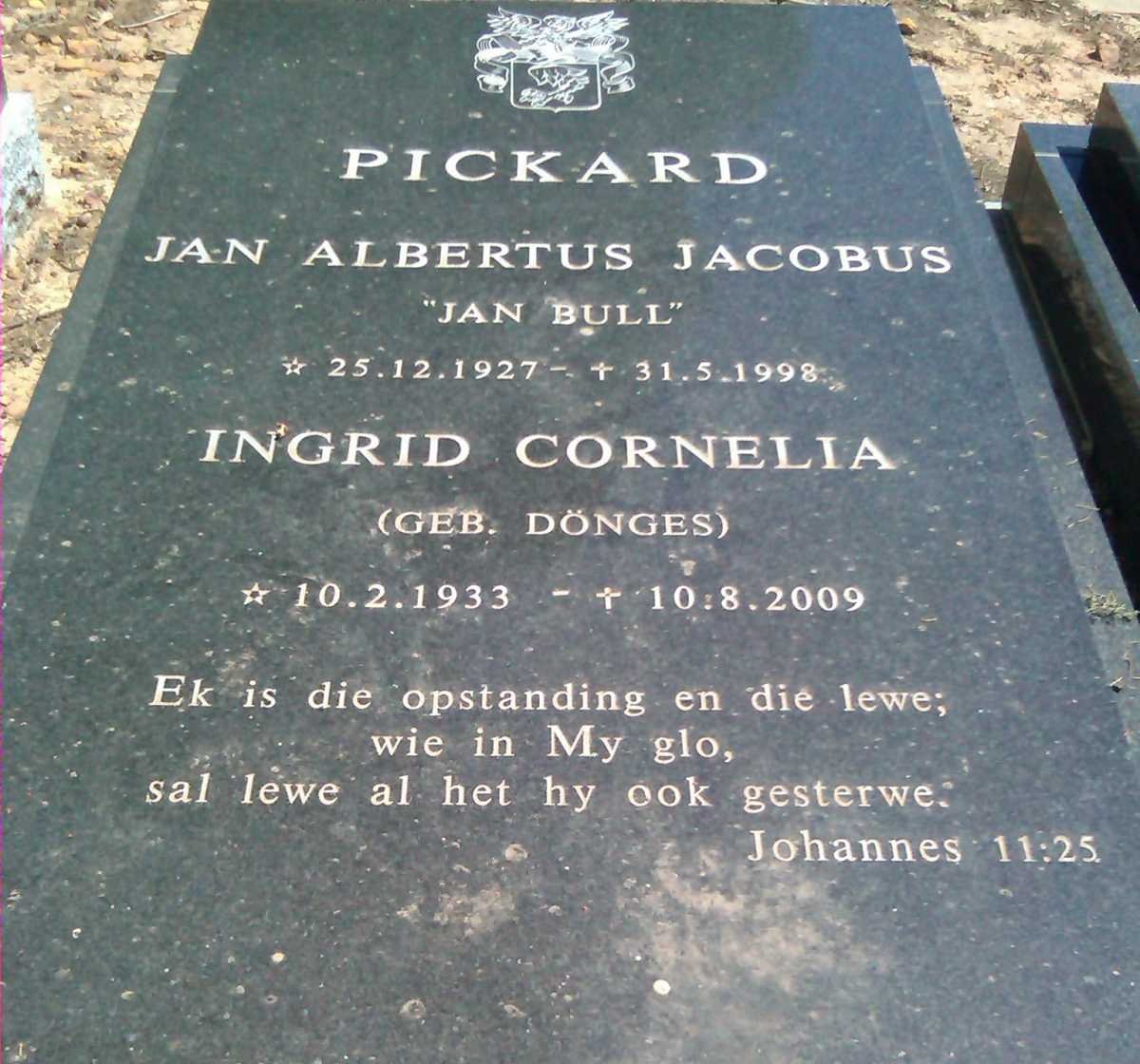 PICKARD Jan Albertus Jacobus 1927-1998 &amp; Ingrid Cornelia DÖNGES 1933-2009