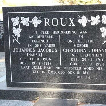 ROUX Johannes Jacobus 1906-1978 &amp; Christina Johanna SERFONTEIN 1911-1994