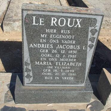 ROUX Andries Jacobus L., le 1891-1981 &amp; Maria Elizabeth DE VILLIERS 1898-1981
