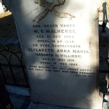 MALHERBE W.S. 1803-1898 &amp; Elizabeth Anna Maria DE VILLIERS 1810-1883